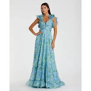 Mac Duggal Blue Ruffle Tiered Floral Cut-Out Chiffon Gown Sz 0 NWT
